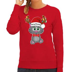 Foute Kersttrui/sweater voor dames - Merry Christmas - rood - kerstpoesje - kerst cadeau