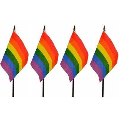 Regenboog vlaggetje - 4x - 15 x 10 cm - polyester - op stokje - 27 cm