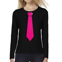 Zwart long sleeve t-shirt zwart met roze stropdas bedrukking dames 2XL  -