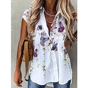 Dames Overhemd Blouse Vlinder nappi Afdrukken Casual Weekend Basic Korte mouw Overhemdkraag Zwart Lightinthebox