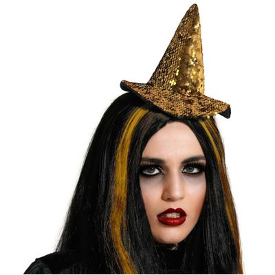 Halloween heksenhoed - mini hoedje op diadeem - one size - goud glitter - meisjes/dames