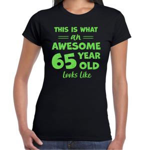 Verkleed T-shirt voor dames - leeftijd 65 jaar - awesome - zwart - glitter groen - Verjaardagsfeest