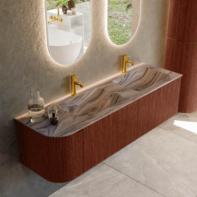 Badmeubel Mondiaz Kurve-Dlux | 155 cm | Meubelkleur Ruby | Wastafelkleur Sombra | Solid surface | Dubbel / Rechts spoelbak | 2 kraangaten