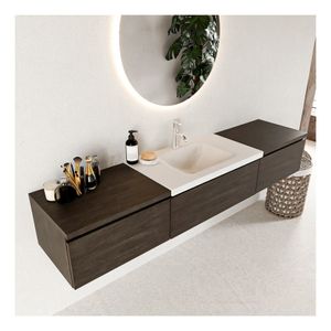 Mondiaz Bukla 200cm badmeubel met module 60 dark brown 3 lades met wastafel midden 1 kraangat kleur talc