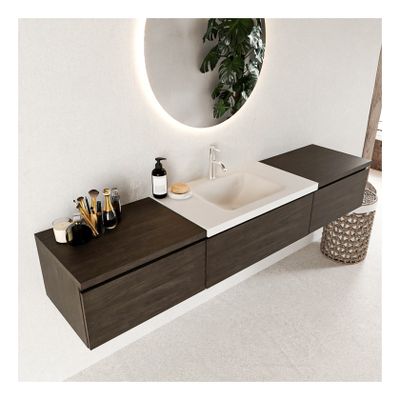 Mondiaz Bukla 200cm badmeubel met module 60 dark brown 3 lades met wastafel midden 1 kraangat kleur talc