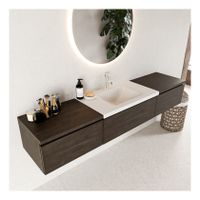 Mondiaz Bukla 200cm badmeubel met module 60 dark brown 3 lades met wastafel midden 1 kraangat kleur talc