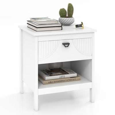 2-Laags Bijzettafel met Lade Houten Bijzettafel met Open Opbergplank Nachtkastje Compacte Salontafel voor de Woonkamer Wit