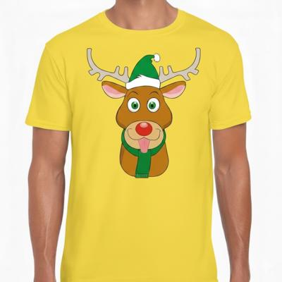 Kerst t-shirt voor heren - geel - Rendier Rudolf - groene kerstmuts