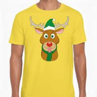 Kerst t-shirt voor heren - geel - Rendier Rudolf - groene kerstmuts