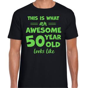 Cadeau T-shirt voor heren - leeftijd 50 jaar - awesome - zwart - glitter groen - Abraham