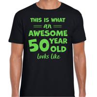 Cadeau T-shirt voor heren - leeftijd 50 jaar - awesome - zwart - glitter groen - Abraham - thumbnail