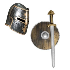 Ridder helm zwart met goud met set ridder speelgoed wapens