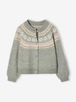 Jacquard meisjesvest met fantasiebreiwerk van glimmende draad groengrijs