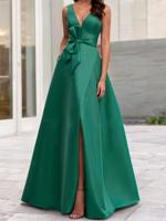 Women's Summer V Neck Emerald Green Long Wedding Guest Formal Slit Dress With Bow - thumbnail