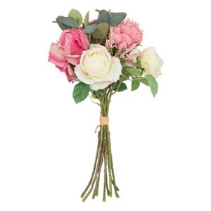 Kunstbloemen boeket Rozen - 50 cm - Bloemstuk - groen en wit/roze tinten