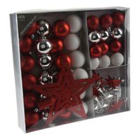Set 44-delig kunststof kerstboomversiering rood/wit/zilver met kerstballen, slingers en piek   -