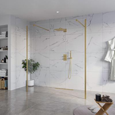 Fortifura Galeria Vrijstaande Inloopdouche - 180x200cm - Helder - antikalk - 8mm veiligheidsglas - 2 zijwanden 30cm - wandsteunen en hoekprofielen - Geborsteld Messing PVD (Goud) SW927770 2x/SW797920/SW797909 2x/SW798731 2x