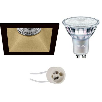 LED Spot Set - Pragmi Pollon Pro - GU10 Fitting - Inbouw Vierkant - Mat Zwart/Goud - Verdiept - 82mm - Philips - MASTER 927 36D VLE - 4.9W - Warm Wit 2200K-2700K - DimTone Dimbaar