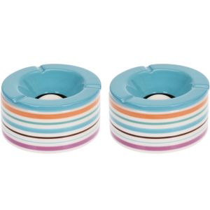 Set van 2x stuks terras asbakken/stormasbakken rond keramiek 14 x 7,5 cm blauw met streep
