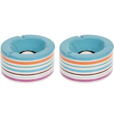 Set van 2x stuks terras asbakken/stormasbakken rond keramiek 14 x 7,5 cm blauw met streep