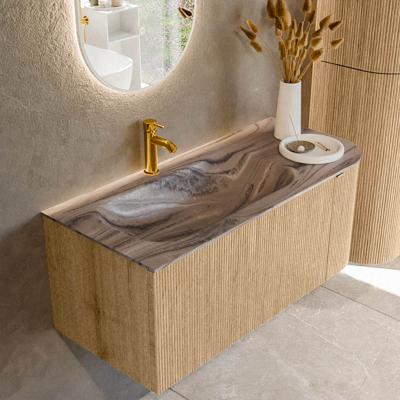 Badmeubel Mondiaz Kurve-Dlux | 105 cm | Meubelkleur Oak | Wastafelkleur Sombra | Solid surface | Wasbak linker zijde spoelbak | 1 kraangat