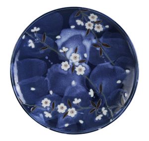 Blauw/Witte Bord met kers figuur - Blue Sakura - 25.5cm