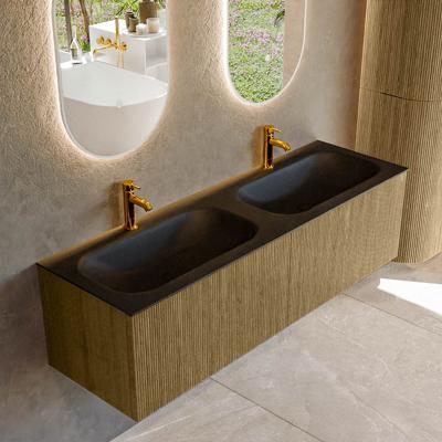 Badmeubel Mondiaz Kurve | 150 cm cm | Meubelkleur Dusk | Wastafelkleur Urban | Solid surface | Wasbak beiden zijden spoelbak | 2 kraangaten