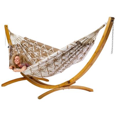 Familie hangmat met houten standaard - 400x180cm - Bruin - 200kg draagkracht- 100% katoen - binnen & buiten