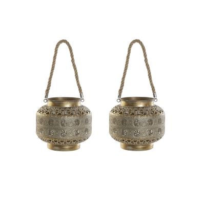2x stuks kaarshouder/windlicht goud metaal 26 x 22 cm met touw