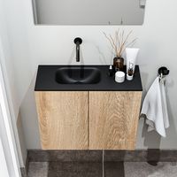 Zaro Polly toiletmeubel 60cm eiken met zwarte wastafel zonder kraangat links - thumbnail
