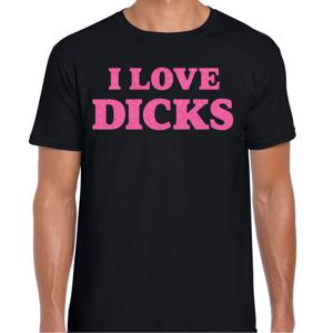 Foute party t-shirt voor heren - I love Dicks - zwart - glitter roze - carnaval/themafeest