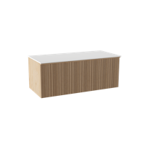 Balmani Forma zwevend badmeubel 120 x 55 cm naturel eiken met Stretto enkel of dubbel wastafelblad in solid surface mat wit, Verticale asymmetrische ronde ribbel