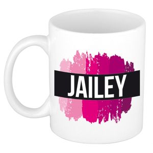 Naam cadeau mok / beker Jailey met roze verfstrepen 300 ml