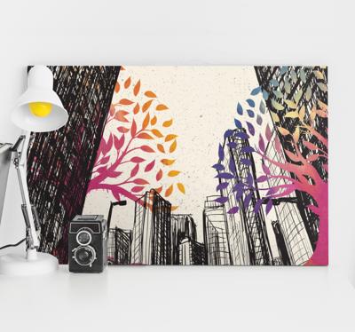 3D canvas schilderij Meerseizoenenbomen met wolkenkrabbers