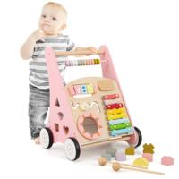 Baby Loopwagen met Gladde Handgrepen Rubberen Banden & Geïntegreerde Speelactiviteiten voor Baby's vanaf 6 Maanden Roze