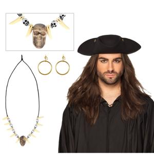 Verkleed set Piraat - gouden oorbellen - skulls piraten ketting - hoed zwart - Volwassenen