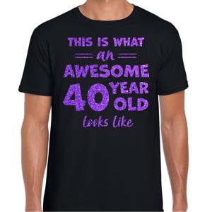 Cadeau T-shirt voor heren - leeftijd 40 jaar - awesome - zwart - glitter paars - Verjaardagsfeest