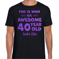 Cadeau T-shirt voor heren - leeftijd 40 jaar - awesome - zwart - glitter paars - Verjaardagsfeest - thumbnail