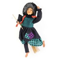 Halloween decoratie heksen pop - vliegend op bezem - 30 cm - zwart/emerald - thumbnail