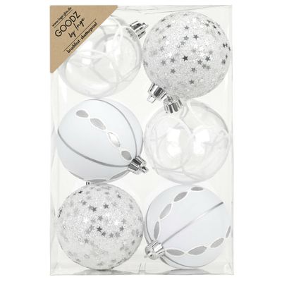 Gedecoreerde kerstballen - 6x st - 8 cm - kunststof - zilver/wit