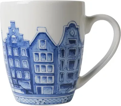 Heinen Delfts Blauw mok keramiek grachtenpanden 8.5x9.5cm delfts blauw