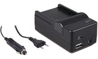 4-in-1 acculader voor Sony NP-FM500H accu - compact en licht - laden via stopcontact, auto, USB en Powerbank - thumbnail