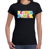 Jaren 60 Flower Power verkleed shirt zwart met gekleurde peace tekens dames