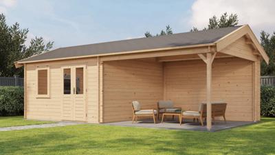 Lugarde Select Blokhut met overkapping Rozendaal 400x400cm + 400cm - Onbehandeld- Zadeldak- - Lugarde Select