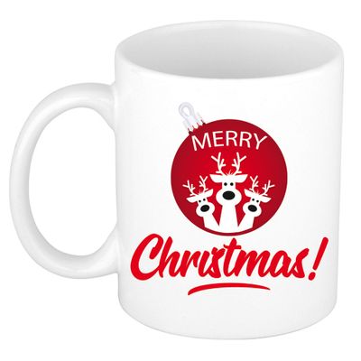 Merry Christmas kerstcadeau kerstmok met kerstbal en rendieren 300 ml