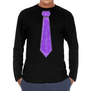 Verkleed shirt voor heren - stropdas glitter paars - zwart - carnaval - foute party - longsleeve