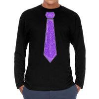 Verkleed shirt voor heren - stropdas glitter paars - zwart - carnaval - foute party - longsleeve - thumbnail