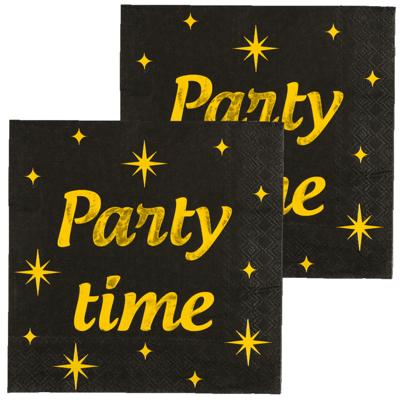 Verjaardag feest servetten - Party Time - 32x stuks - zwart/goud - 33 x 33 cm