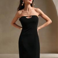 Bon&Bon Black Strapless Cut Out Midi Dress - Sexy Metal Decor Fitted S