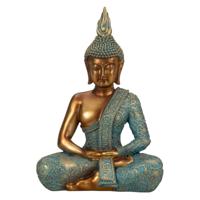 Boeddha beeld Shaman - binnen/buiten - kunststeen - goud/jade - 17 x 25 cm   - - thumbnail